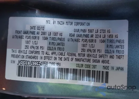 2012 Mazda Cx-9 Touring from USA, damaged, VIN JM3TB3CV6C0354858